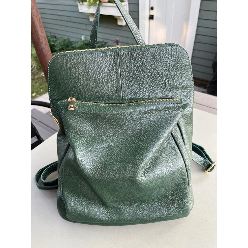 Borse in Pelle Dark Green Pebbled Leather Two Way Backpack Made in Italy
